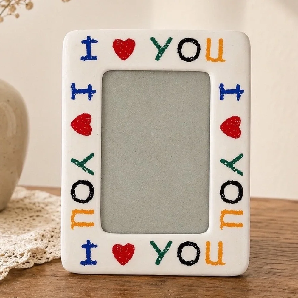 Vintage I Love You Ceramic Picture Frame 4x6 Colorful Hearts Photo Holder